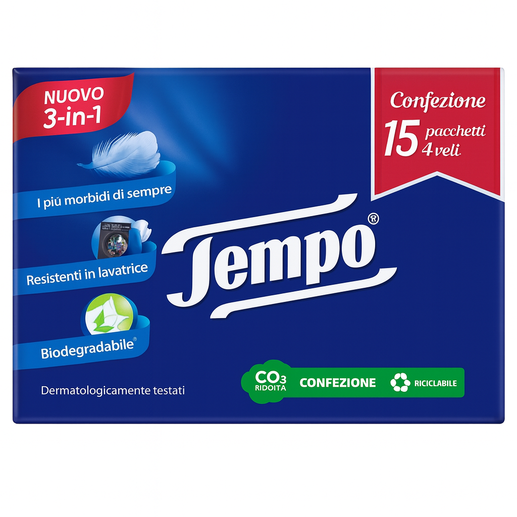 Tempo Fazzoletti 3-in-1 4 Veli Morbidi Resistenti e Biodegradabili | 15 pacchetti