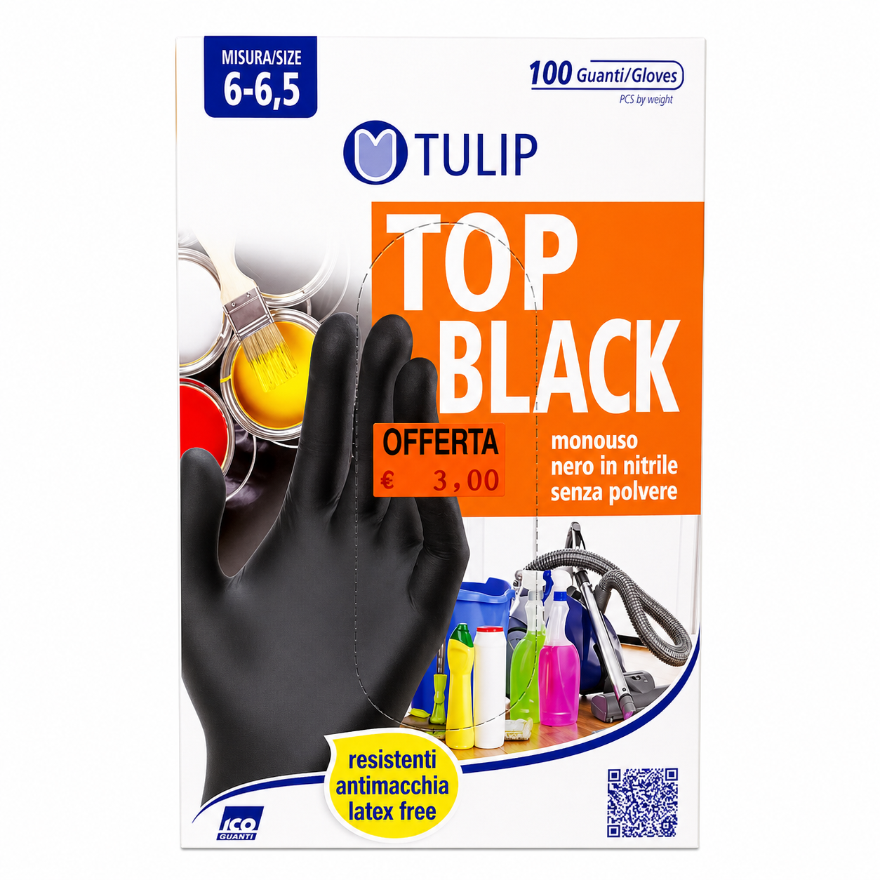 Tulip Top Black Guanti Nitrile Nero Senza Polvere | 100pz Taglia 6-6,5