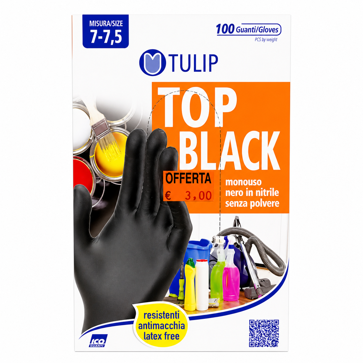 Tulip Top Black Guanti Nitrile Nero Senza Polvere | 100pz Taglia 7-7,5