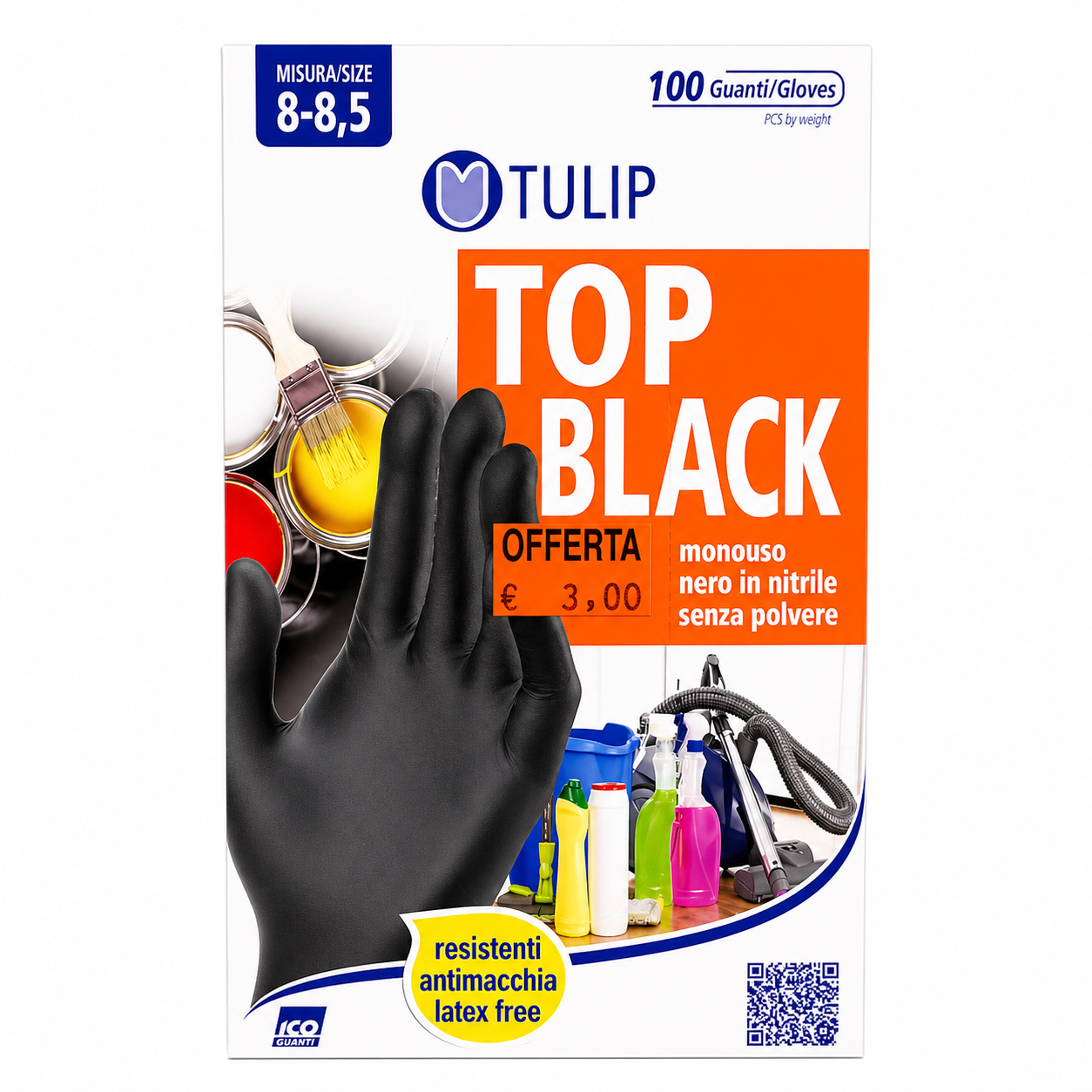 Tulip Top Black Guanti Nitrile Nero Senza Polvere | 100pz Taglia 8-8,5
